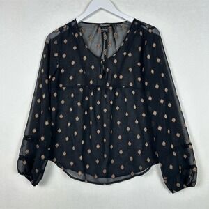 Lucky Brand Black Sheer Long Sleeve Diamond Print Blouse Top Size S Boho